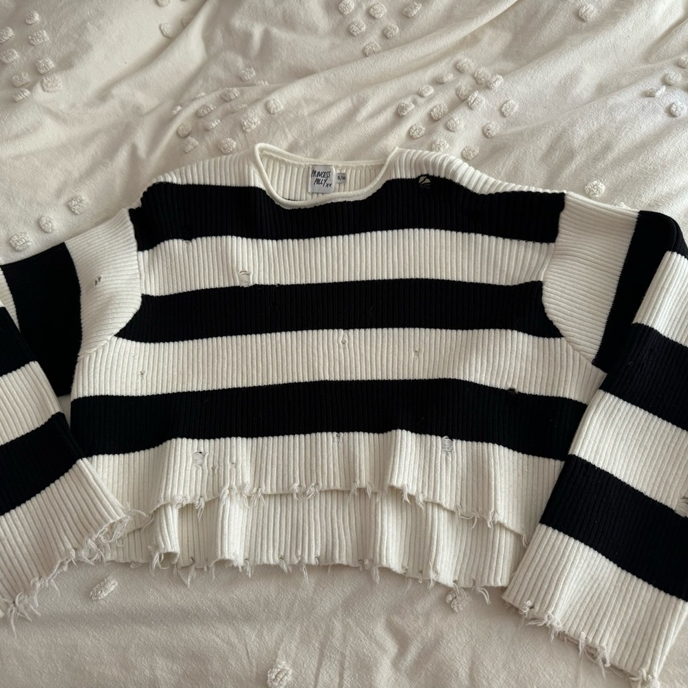 Princess Polly Black And White Striped Distressed Sweater Size S/M